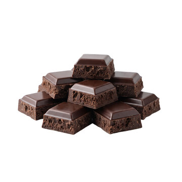 Pile of dark chocolate squares isolated on transparent background