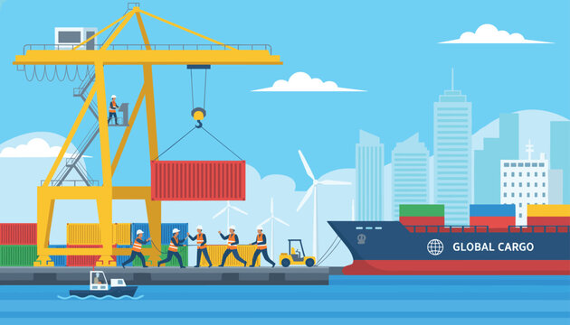 Busy industrial port scene with dockworkers managing cargo containers under a giant yellow crane next to a container ship.