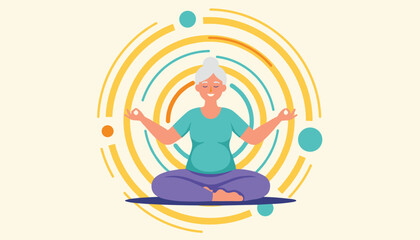 Fototapeta premium Elderly senior woman sitting in lotus position meditating inside a colorful concentric circle of calm energy.