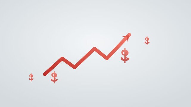 financial growth concept with a rising zigzag arrow and dollar symbols going up, red color scheme