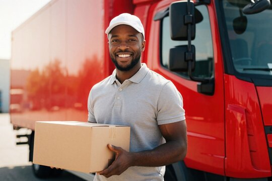 Happy African delivery man holds cardboard box package near red truck. Smiling courier worker wears white cap, grey polo shirt. Pro driver brings shipment order from logistic company to client. Male