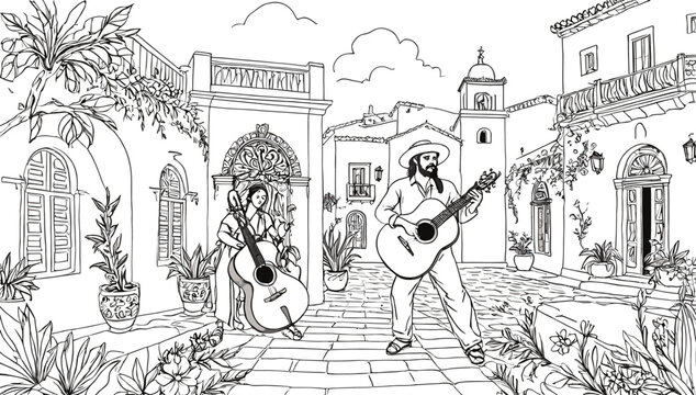 Two musicians playing guitar and cello in a charming, traditional European or Latin American street with old buildings and potted plants, line art.