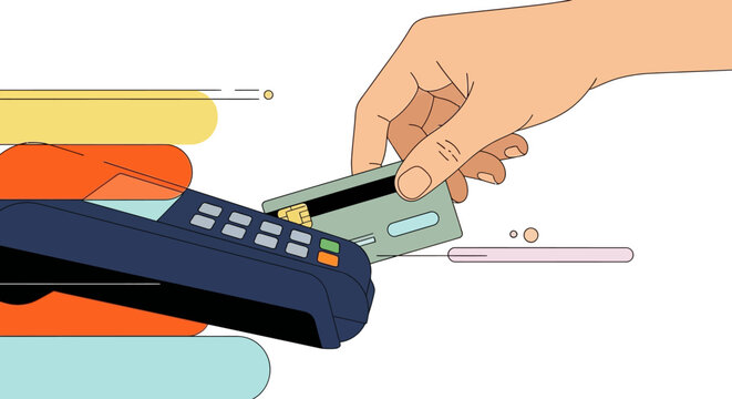 Flat style hand using card reader for contactless payment with bright geometric background