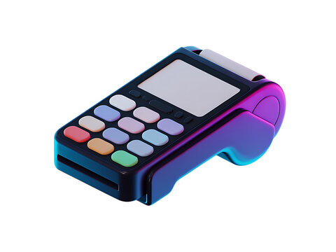 Modern handheld payment terminal with colorful buttons isolated on a plain transparent background as a 3d png file.