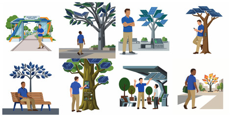 Naklejka premium Smart Park Technology and Solar Tree Illustration Set for Sustainable Urban Energy and Green Living