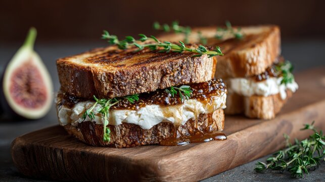Gourmet grilled cheese sandwich with fig jam and fresh thyme sprigs