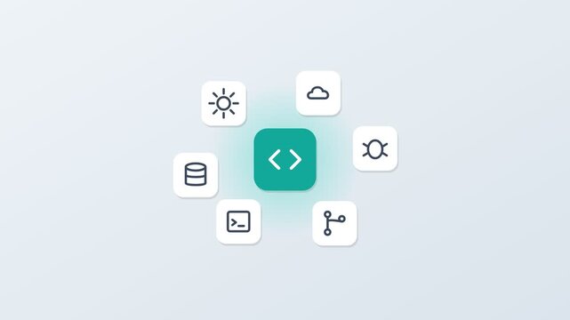 3D floating app icons around a central code tile, gear, cloud, database and terminal, teal accent color