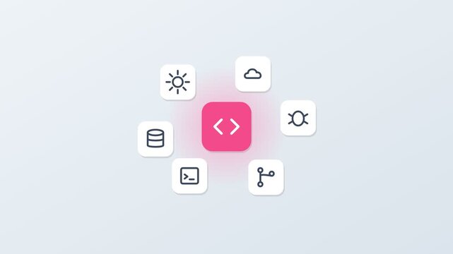 3D floating app icons around a central code tile, gear, cloud, database and terminal, rose pink accent color
