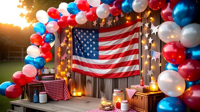 Patriotic fourth of july celebration setup with an american flag backdrop, red, white, and blue balloons, picnic baskets, and warm string lights on a wooden deck at sunset