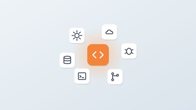 3D floating app icons around a central code tile, gear, cloud, database and terminal, orange accent color