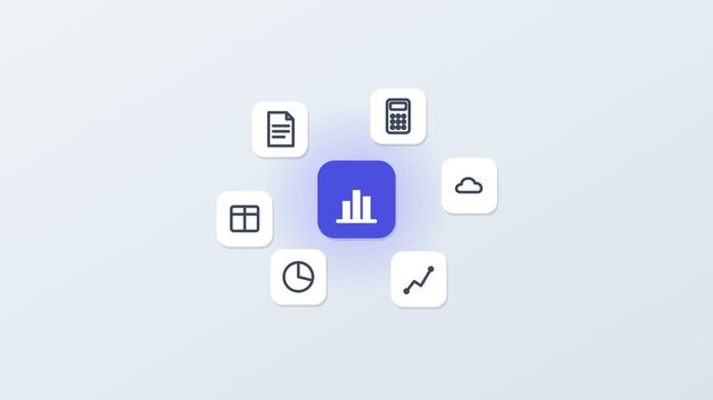 3D floating app icons around a central data chart tile, documents, calculator and graphs, indigo accent color