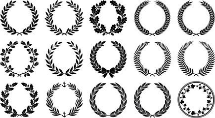 Wreaths Botanical Silhouette Set with Laurel, Oak, Rose, Holly, Fern, Ivy, Bow and Anchor Decorative Frames © MdTobarak