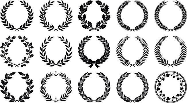 Wreaths Botanical Silhouette Set with Laurel, Oak, Rose, Holly, Fern, Ivy, Bow and Anchor Decorative Frames