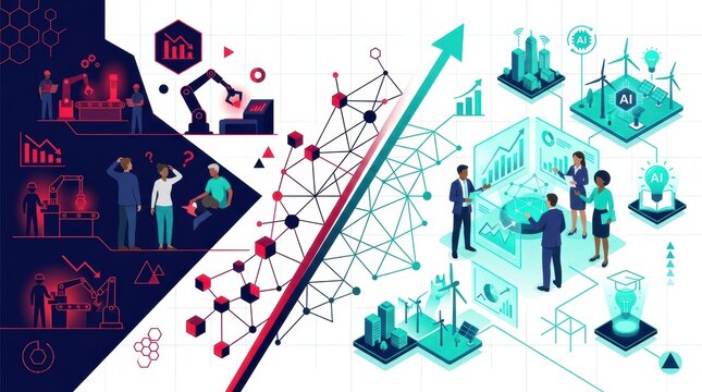 A divide between traditional industry practices and modern AI applications, emphasizing gaps and prospects in development.