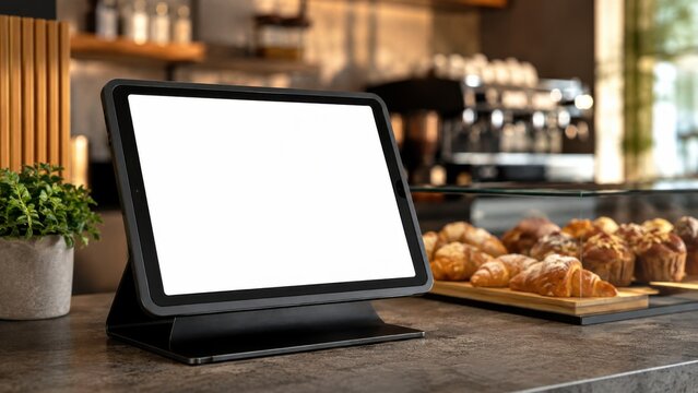 Tablet mockup on cafe counter for digital order kiosk