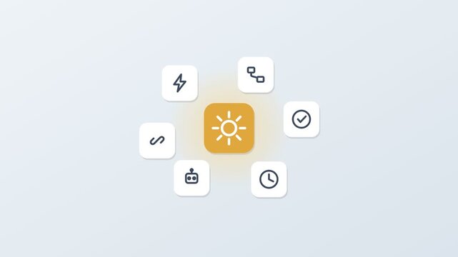 3D floating app icons around a central gear tile, bolt, flow, robot and check, gold accent color