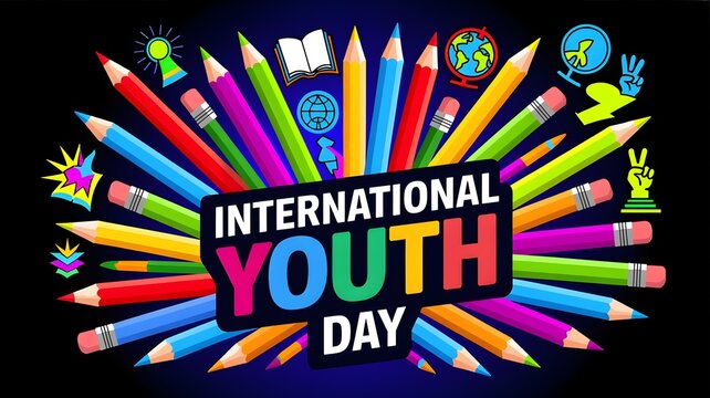 International youth day celebration background with colorful pencils and school icons creative vector illustration for youth empowerment, education, and global awareness