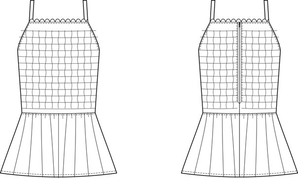 Fashion flat sketch of a women camisole top with smocked bodice and peplum hemline template