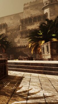 A large stone courtyard is seen in front of an old castle. The sun shines down on palm trees and wooden structures. The focus is on the stone pathway and surrounding architecture.