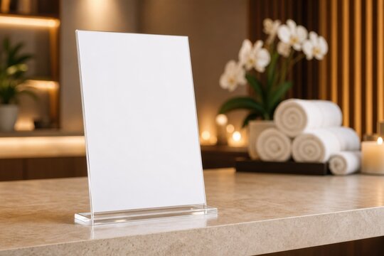 Blank white flyer mockup on spa reception desk