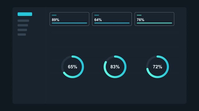 dark admin dashboard UI with animated progress rings, sidebar and KPI cards, cyan color scheme