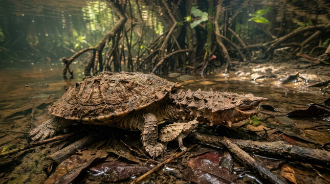 Alligator Snapping Turtle Resting on Forest Floor.