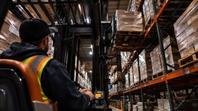 Forklift operator stacking pallets in industrial warehouse POV