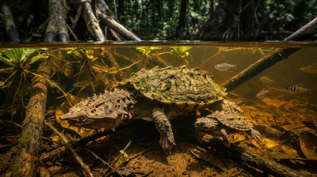 Alligator Snapping Turtle Underwater in Mangrove Swamp.