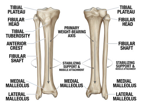 Anatomical diagram of human tibia and fibula bones labeled isolated on white background