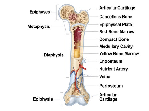 Anatomical diagram of long bone structure with labels isolated on white background