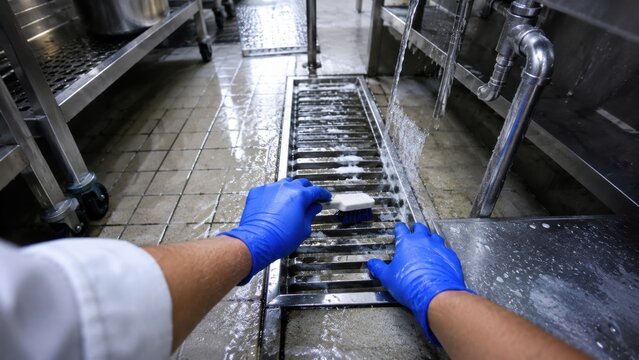 Person scrubbing stainless steel kitchen floor drain with brush