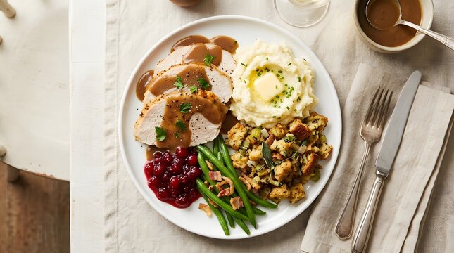 Traditional thanksgiving dinner plate with roasted turkey mashed potatoes stuffing and cranberry sauce