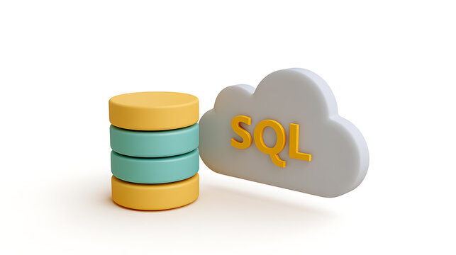 Stylized 3D rendering of database disks alongside a cloud icon with SQL text, symbolizing modern data storage and management solutions