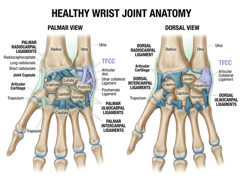 Anatomical diagram of healthy wrist joint with palmar and dorsal views isolated on white background