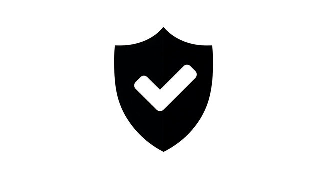 A black shield icon with a white checkmark inside. The shield is stylized and abstract, with a smooth, curved outline. The checkmark is bold and clear, signifying approval or verification.