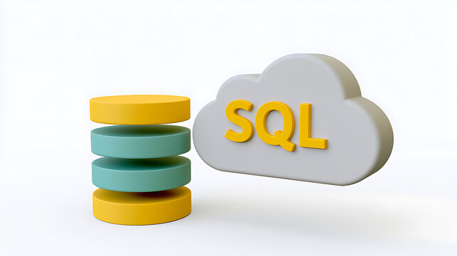 Cloud Computing and Data Management: A 3D Rendering of a Cloud with SQL and a Stack of Data Discs Representing Storage and Databases