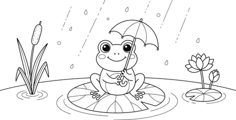 Cute frog with umbrella in rain coloring page vector illustration, kawaii frog sitting on lily pad in pond with lotus flower and cattail line art isolated on white background © Rekha