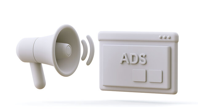Minimalist 3D render of a white megaphone icon next to a browser window displaying "ADS", symbolizing digital marketing and online promotion