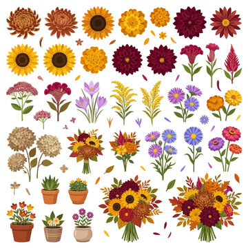 Thanksgiving and Autumn Harvest, floral vector collection, fall flower bouquets and botanical elements set, sunflower and dahlia illustrations for seasonal wedding decor isolated white background