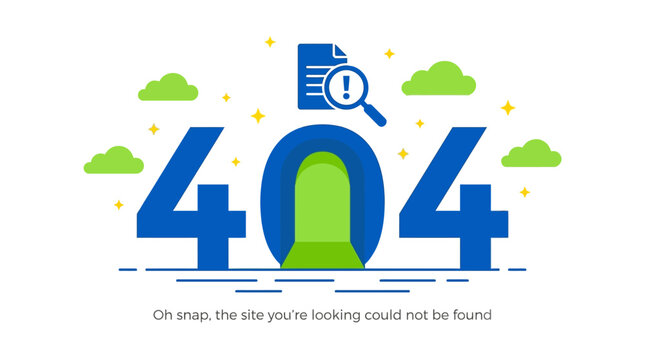 Modern 404 error landing page illustration featuring magnifying glass and doorway icons for website maintenance and lost digital links