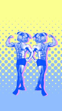 Seamless young vertical video of cartoon style dog head bodybuilders with duotono colors and halftone effect. Stop motion photo montage art collage isolated with copyspace.