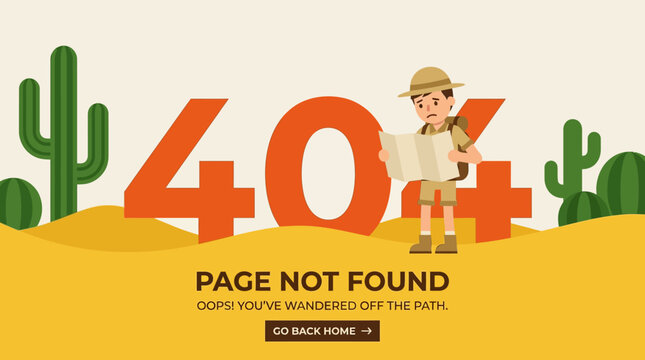 404 error page web design template featuring a lost explorer holding a map in a desert landscape with cactus plants