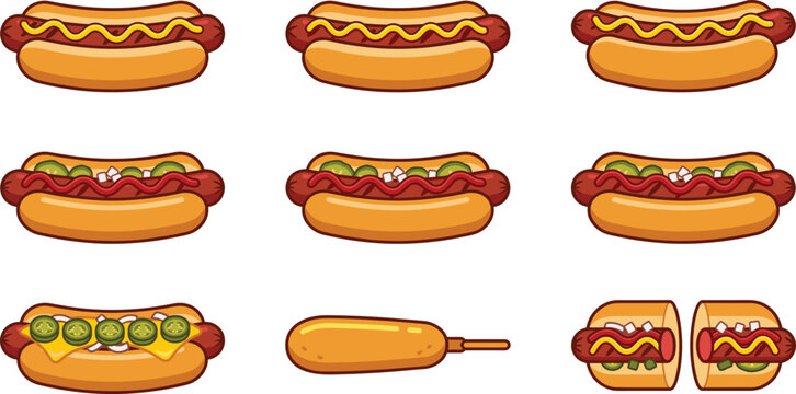 Delicious hot dog vector elements set with classic sausage corn dog mustard ketchup pickles onion and sliced halves isolated on white background fast food menu illustration