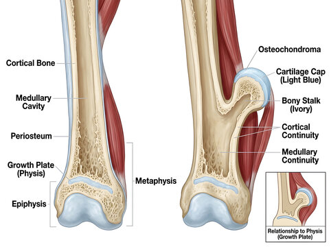 Anatomical illustration of osteochondroma on bone growth plate isolated on white background