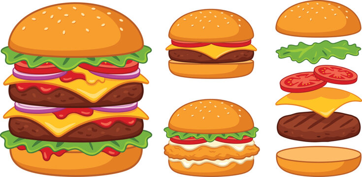Delicious cartoon burger vector set with cheese double beef patties chicken burger and exploded layers ingredients isolated on white background fast food restaurant menu design
