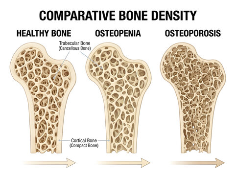 Comparative bone density in healthy, osteopenia, osteoporosis isolated on white background
