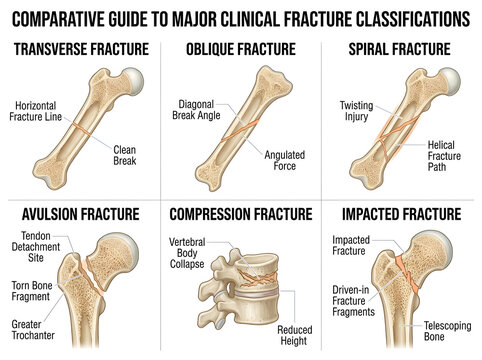Comparative guide to different types of bone fractures isolated on white background