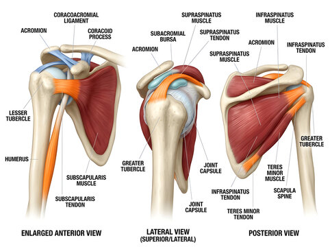 Anatomical diagram of shoulder muscles and bones labeled isolated on white background
