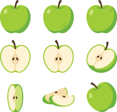 Fresh green apple vector elements set with whole fruits halves slices and wedges isolated on white background for healthy food grocery store design illustration