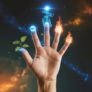 Elemental Mastery: A hand outstretched displays control over the four classic elements &ndash; earth, air, fire, and water &ndash; with ethereal energies swirling around.